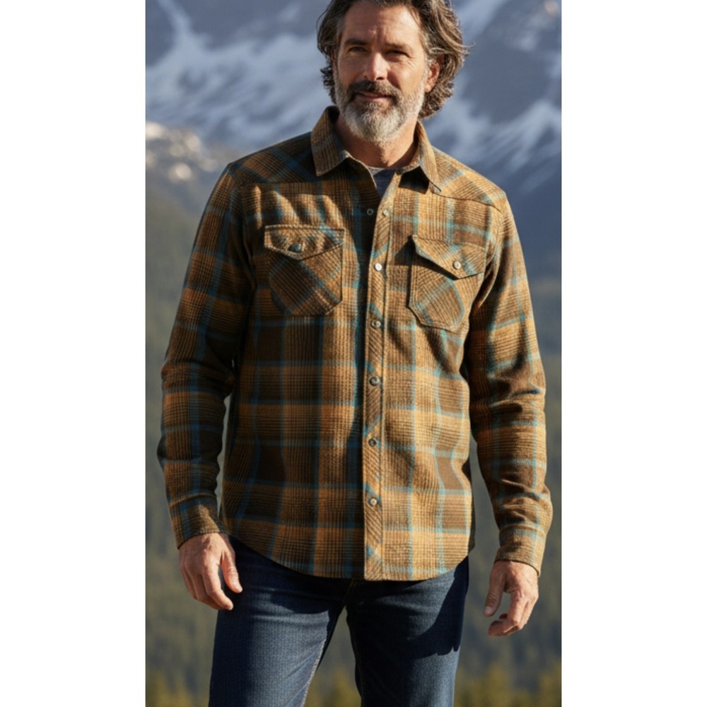LL Bean Wool Blend Plaid Snap Flannel Shirt Mens Med Brown Teal Gold Elbow patch